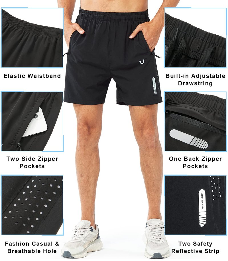 NORTHYARD Men's Athletic Running Shorts Gym Workout 7"/9"/5" Quick Dry Lightweight Sports Basketball Tennis 3 Zipper Pockets Black-5inch L