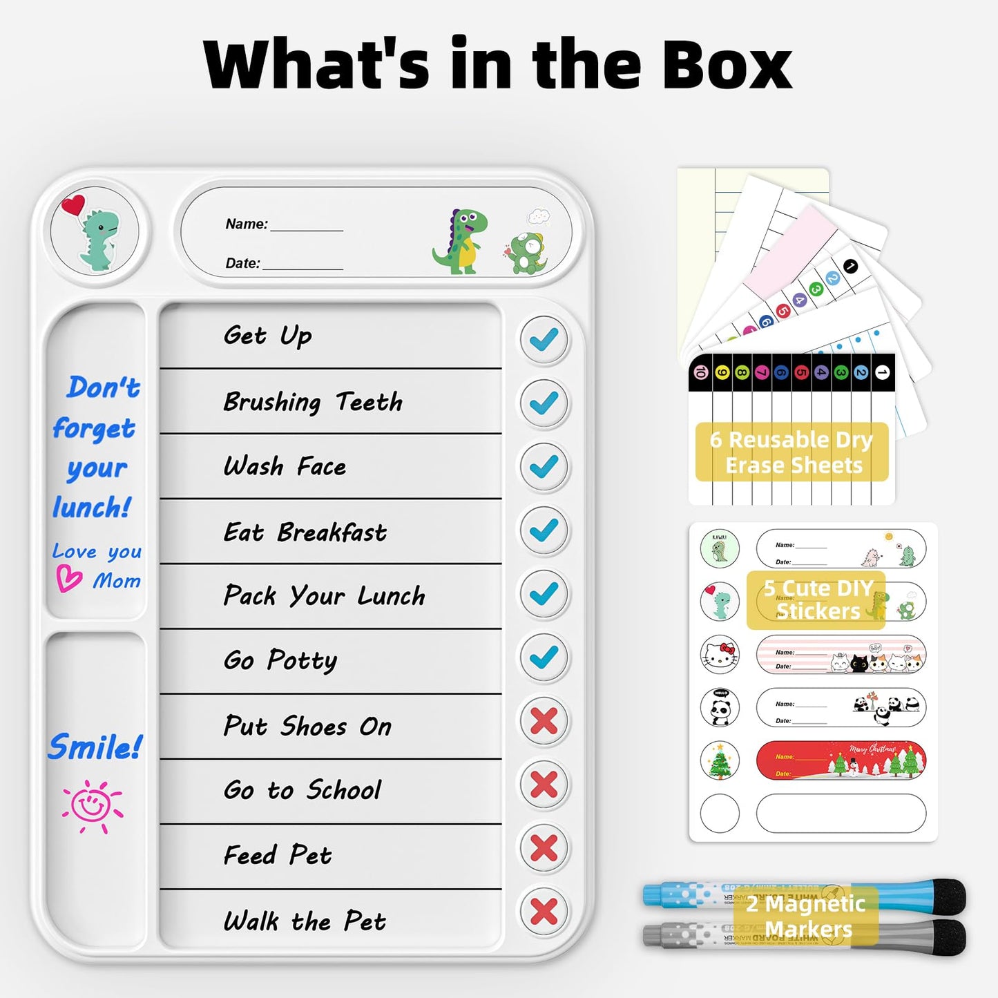 Magnetic Chore Chart for Kids, ADHD Task Tracker Easy-Check Routine Dry Erase Board, to-Do List Planning Tool with Stand for Fridge/Desk/Home/School, 6 Reusable Sheets, 2 Markers-Raw White