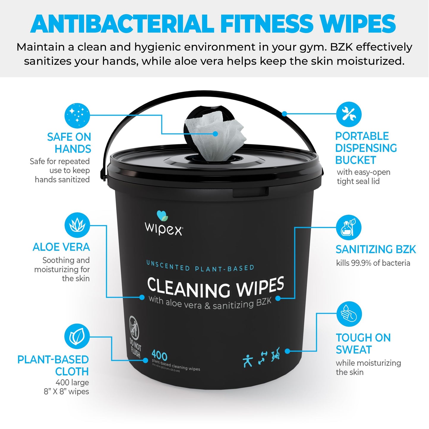Wipex Yoga Mat Cleaner Wipes - Plant-Based Lemongrass, Eucalyptus & Vinegar Wipes for Gym & Fitness Equipment & All Purpose Gym Cleaning - Safe for Peloton Bikes & Treadmills - 400 Count