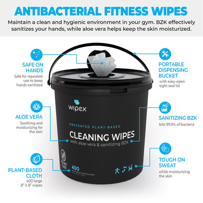 Wipex Yoga Mat Cleaner Wipes - Plant-Based Lemongrass, Eucalyptus & Vinegar Wipes for Gym & Fitness Equipment & All Purpose Gym Cleaning - Safe for Peloton Bikes & Treadmills - 400 Count