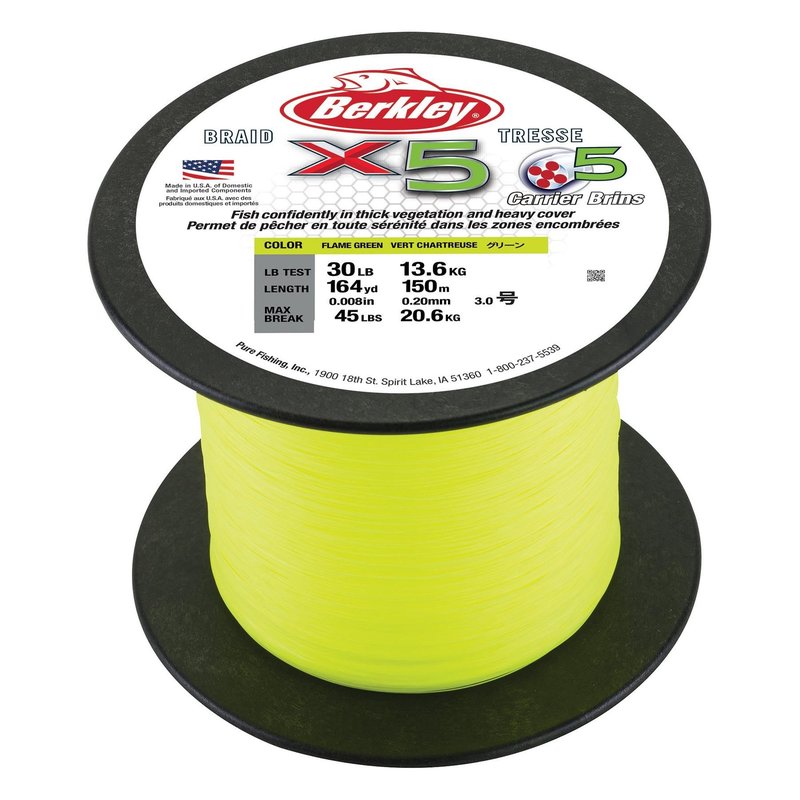 Berkley x5 Braid Superline, Low-Vis Green, 30-Pound Break Strength, 328yd Fishing Line, Suitable for Freshwater and Saltwater Environments