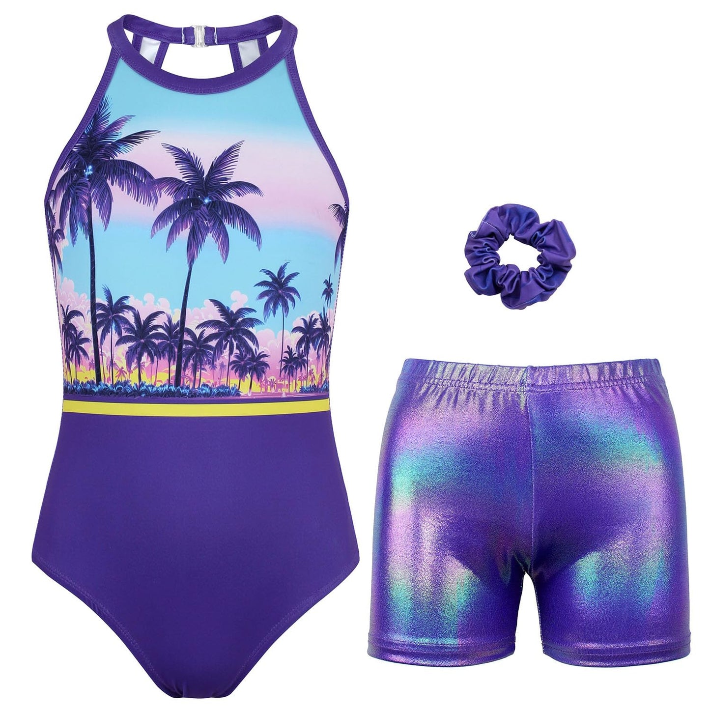 JOYSTREAM Gymnastics Leotards for Girls With Shorts Sparkly Ballet Dance Clasp Back Activewear Coconut Tree,6-7Years