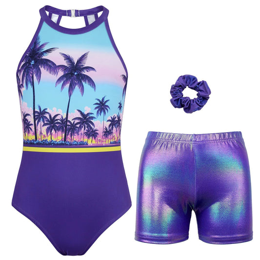 JOYSTREAM Gymnastics Leotards for Girls With Shorts Sparkly Ballet Dance Clasp Back Activewear Coconut Tree,6-7Years