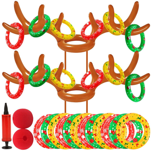 2 Pack Christmas Inflatable Reindeer Antler Ring Toss Games(2 Antlers 12 Rings) for Xmas Party Christmas Games Gifts Reindeer Ring Toss