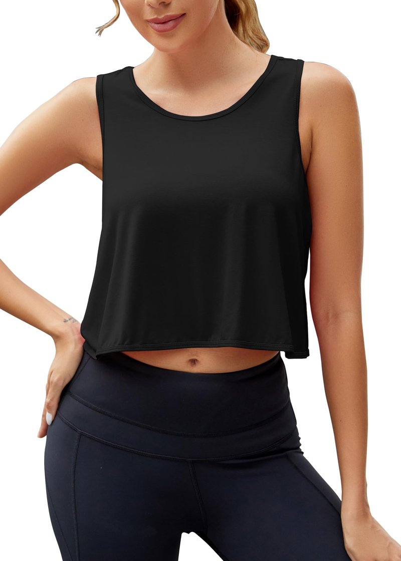Mippo Crop Tops for Women Workout Athletic Gym Top Cropped Tank Open Back Shirts Running Clothes for Women Black M