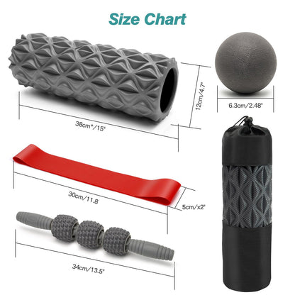 5 in 1 Foam Roller Set - Trigger Point Foam Back Roller, Muscle Roller Stick, Massage Ball, Stretching Band for Deep Muscle Massage Pilates Yoga,Fitness Exercise for Whole Body Release