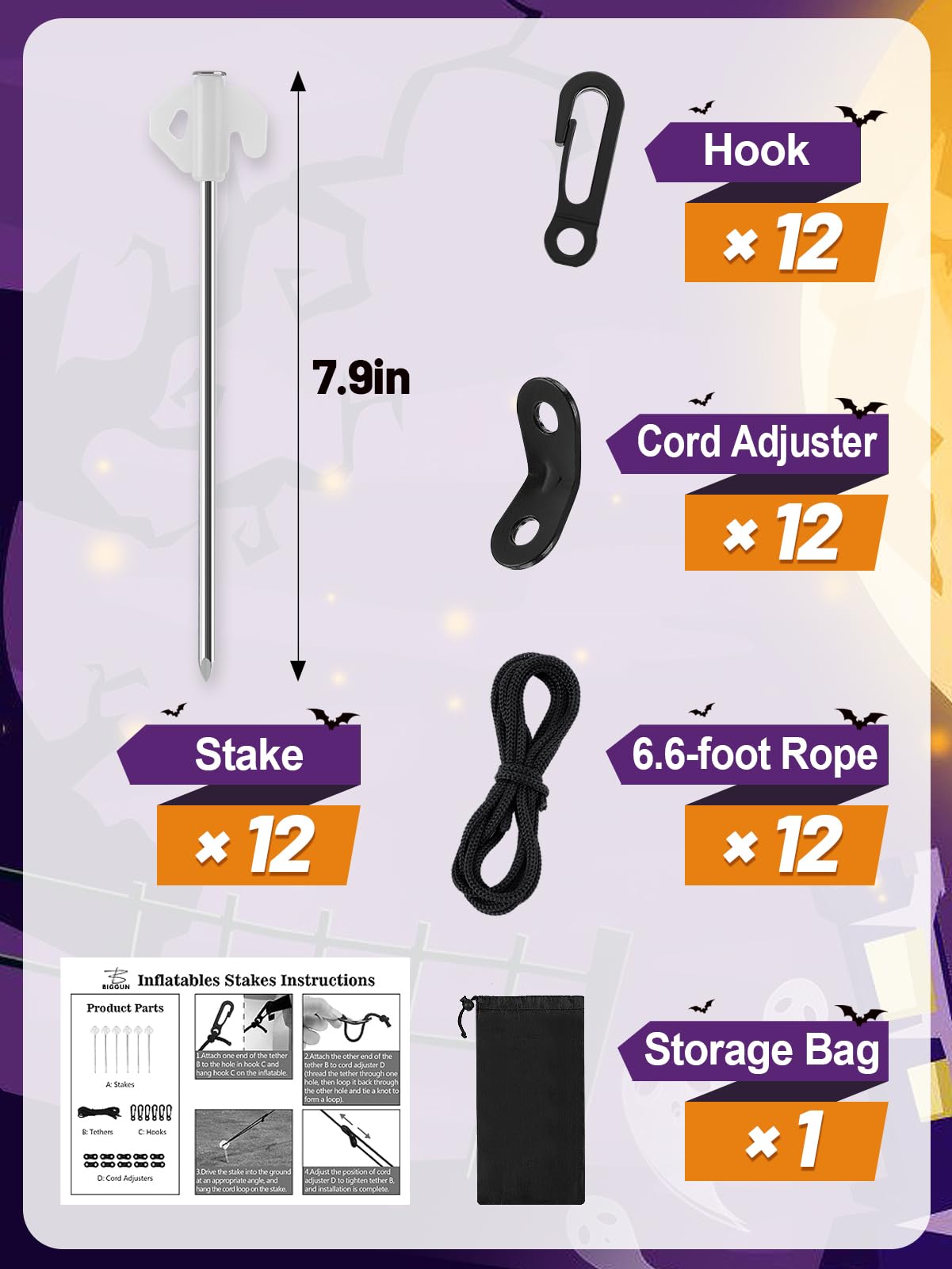 12 Pcs Halloween Metal Inflatables Stakes - Heavy Duty Inflatable Stakes and Tethers, Yard Ground Blow Up Stake Pegs for Halloween Outdoor Inflatable Decoration Tie Downs Gifts