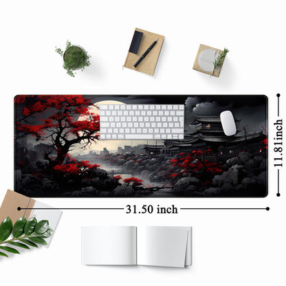 Riverside Full Moon Japanese Desk Mat - Large Black Red Gaming Mousepad XXL Keyboard Pad 31.5 x 11.8 in - Extended Mouse Pad for Laptop Computer Office Desk Decor