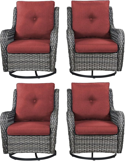 Rilyson Patio Chairs Wicker Outdoor Chair - 4 Piece Rattan Swivel Rocking Chairs Set Patio Glider Rocker Chair for Porch Deck Garden Backyard(Mixed Grey/Red)