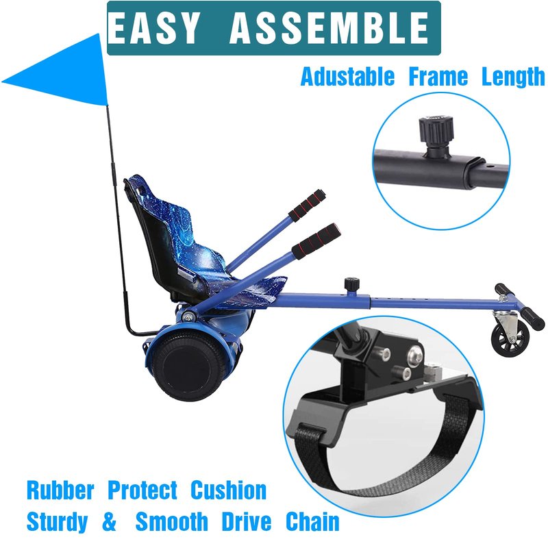DisplayForever Hoverboard Kart Seat Attachment for All Ages | Hoverboard Accessories Compatible with 6.5'' 8'' 8.5'' 10'' Two Wheel Self Balancing Scooter | Adjustable Frame Length | Blue