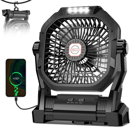 Camping Fan Rechargeable, 20000mAh Battery Powered Portable Fan with LED Light & Hook, 4-Speed 270° Adjustable, Camping Essentials for Tent, Travel, Car, Outdoor, Indoor, BBQ, Fishing, Jobsite