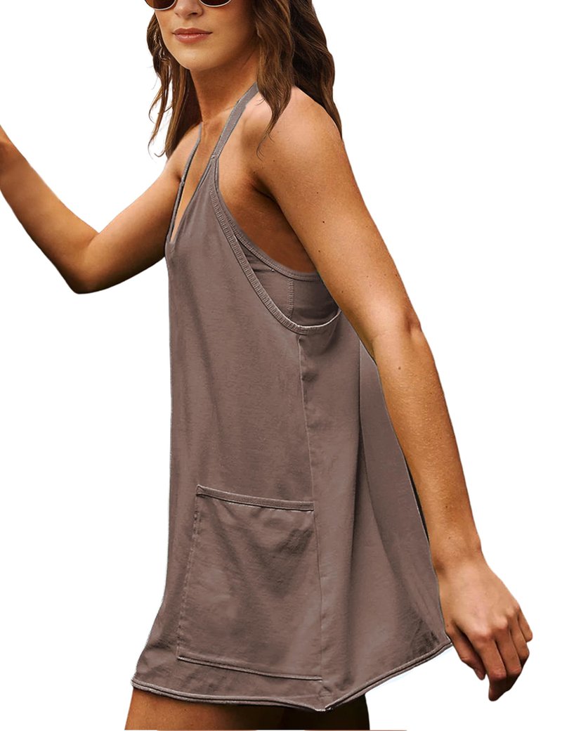 Lentta Womens Athletic Sleeveless Mini Dress with Built-in Shorts V Neck Spaghetti Strap Sundress(LightCoffee-XS)