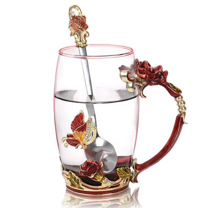 Glass Coffee Mugs Flower Butterfly Tea Cup with Spoon and Box, Personalized Gifts for Mothers Day Gift, Women, Wife and Girlfriends (11oz)