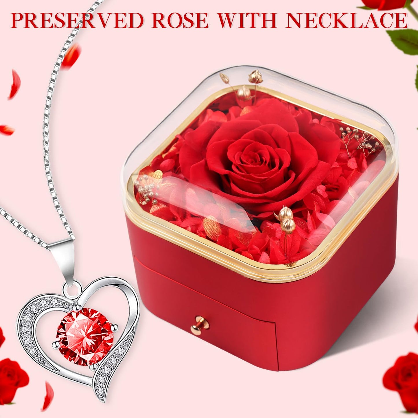 Beferr Valentines Day Gifts for Her Preserved Real Rose with Necklace Eternal Roses Forever Flowers for Delivery Prime Mothers Anniversary Birthday Gifts for Women Mom Grandma Wife Daughter Girlfriend