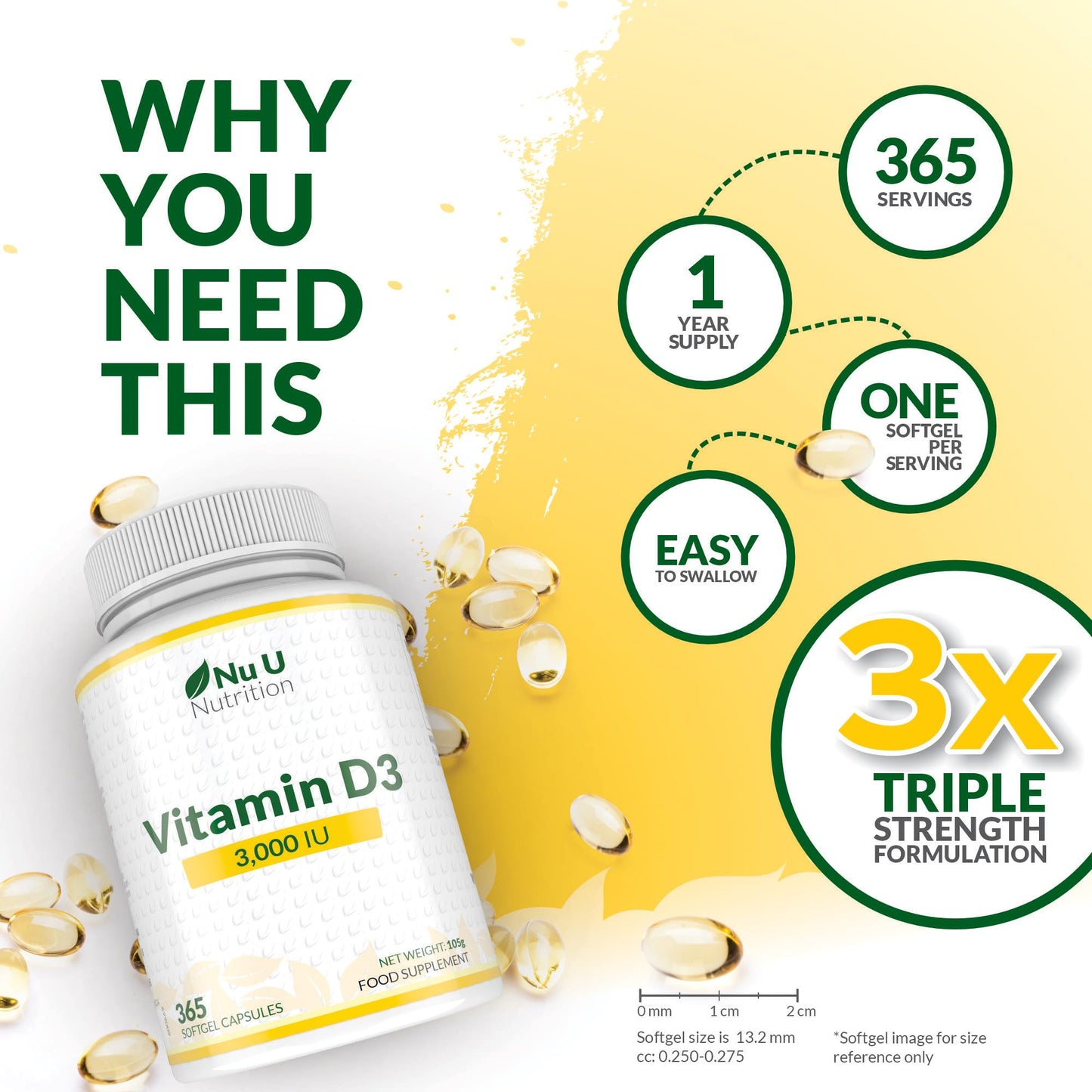 Vitamin D 3000IU - 365 Softgel Capsules - 1 Year Supply - Triple Strength Vitamin D3 Supplement - High Absorption Cholecalciferol - Gluten & Dairy Free by Nu U Nutrition