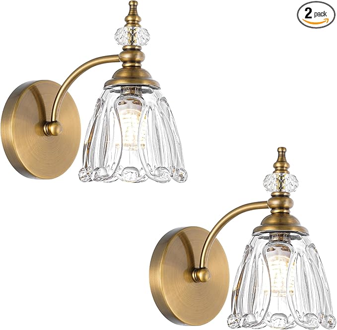 Vintage Brass Wall Sconces Set of Two, Brushed Gold Bathroom Vanity Light Fixtures, Hardwired Sconces Wall Deco Set of 2, Glass Wall Lights for Bathroom, Bedroom,Hallway (Excludes G9 Bulb)