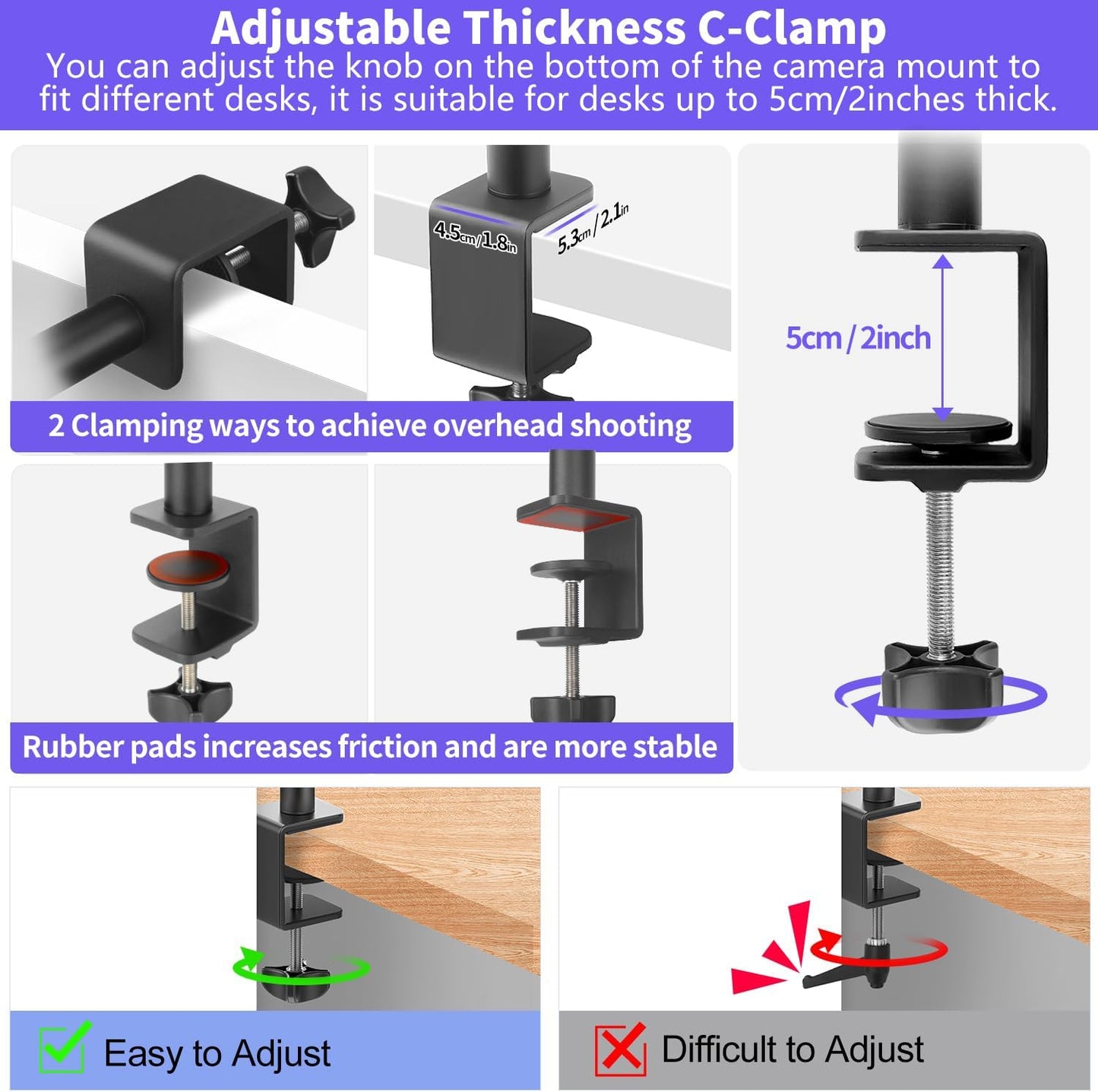 Camera Desk Mount Webcam Stand with 360° Ball Head, Adjustable Table Light Stand 14"-33", Tabletop C Clamp for DSLR Camera, Ring Light, Live Streaming, Photo Video Studios