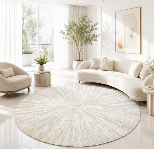 VELMONT STUDIO Round Leather Area Rug – Handmade Genuine Leather 10 x10 ft Carpet for Living Room, Bedroom & Office – Premium Decorative Floor Rug, Durable & Stylish Home Décor White Rug