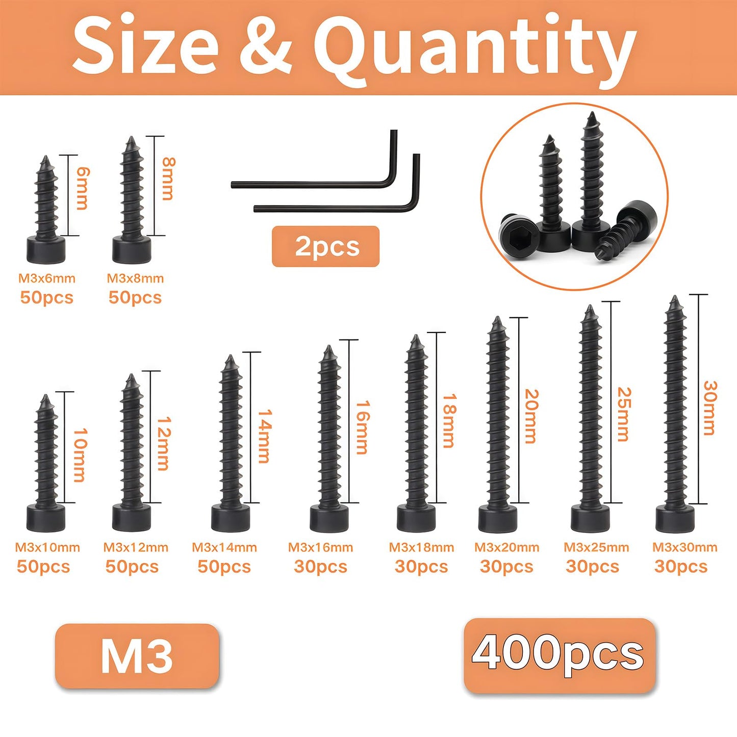 Zmbroll M3 Socket Head Cap Self Tapping Screw Black Grade 8.8 Carbon Steel Metric 400Pcs M3x6/8/10/12/14/16/18/20/25/30mm Socket Allen Head Self Drilling Fasteners Hex Drive Wood Screws