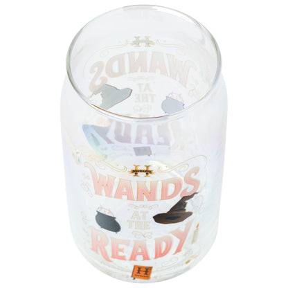 Silver Buffalo Harry Potter Iconic Icons Pattern Wands at the Ready 2 Pack Glass Jar Tumbler with Bamboo Lid and Glass Straw, 16 Ounces