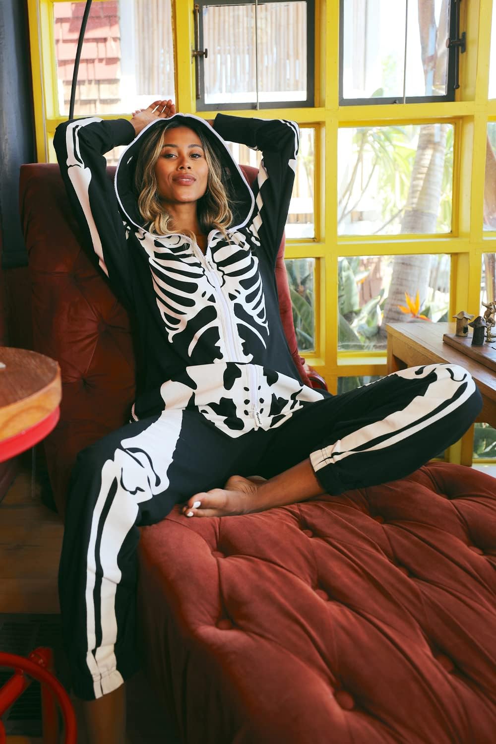 Tipsy Elves Halloween Skeleton Costume for Women - Comfy Easy Adult Onesie Jumpsuit - Front and Back Print with Zip Up Mask - Women's White Skeleton Jumpsuit Halloween Costume Size Medium