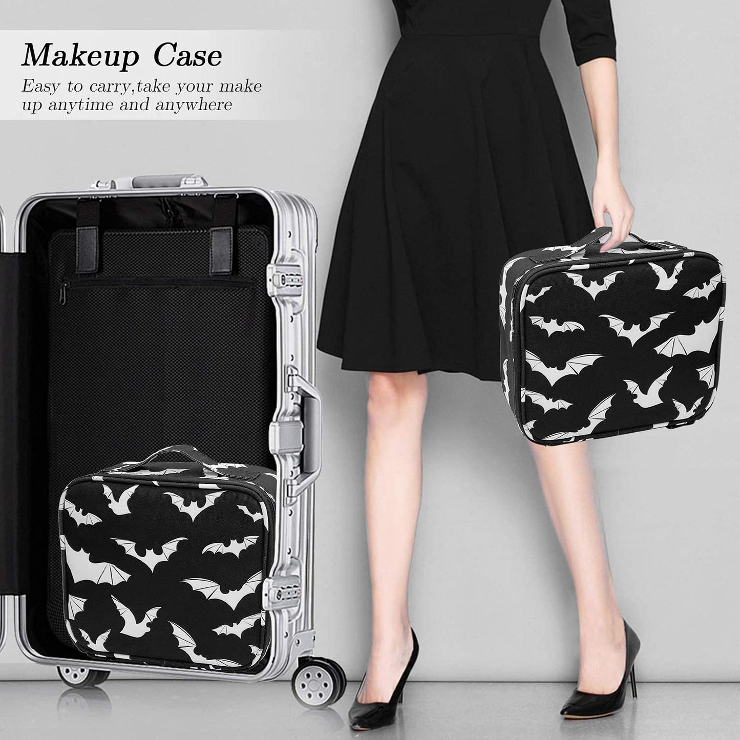 9CH Goth Makeup Organizer Bag, Halloween Makeup Bags Large Cosmetic Bag with Adjustable Dividers Portable Bat Cosmetic Case for Make up Brushes Toiletry Jewelry（Black Bats）