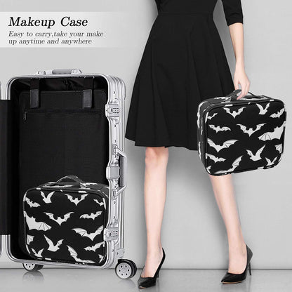 9CH Goth Makeup Organizer Bag, Halloween Makeup Bags Large Cosmetic Bag with Adjustable Dividers Portable Bat Cosmetic Case for Make up Brushes Toiletry Jewelry（Black Bats）