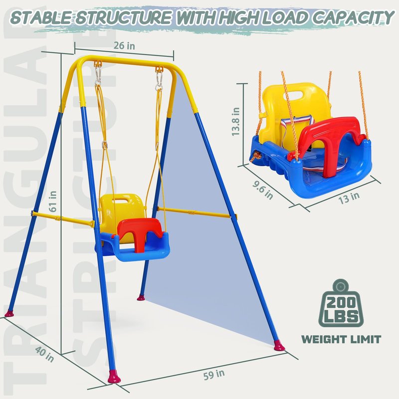 Upgraded Toddler Swing with Tray, Baby Swing Outdoor with Detachable Design, Safety Belt, Foldable Frame for Outdoor & Indoor Use