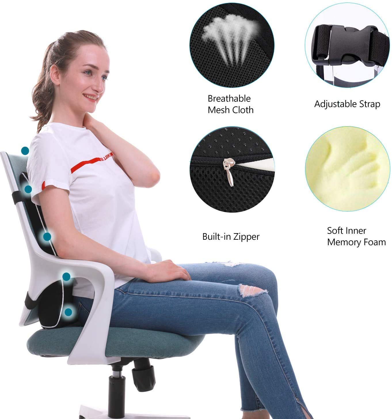 QUTOOL Lumbar Support Pillow for Office Chair Car Memory Foam Back Cushion Large Back Support Pillow for Computer, Gaming Chair, Recliner Double Adjustable Straps