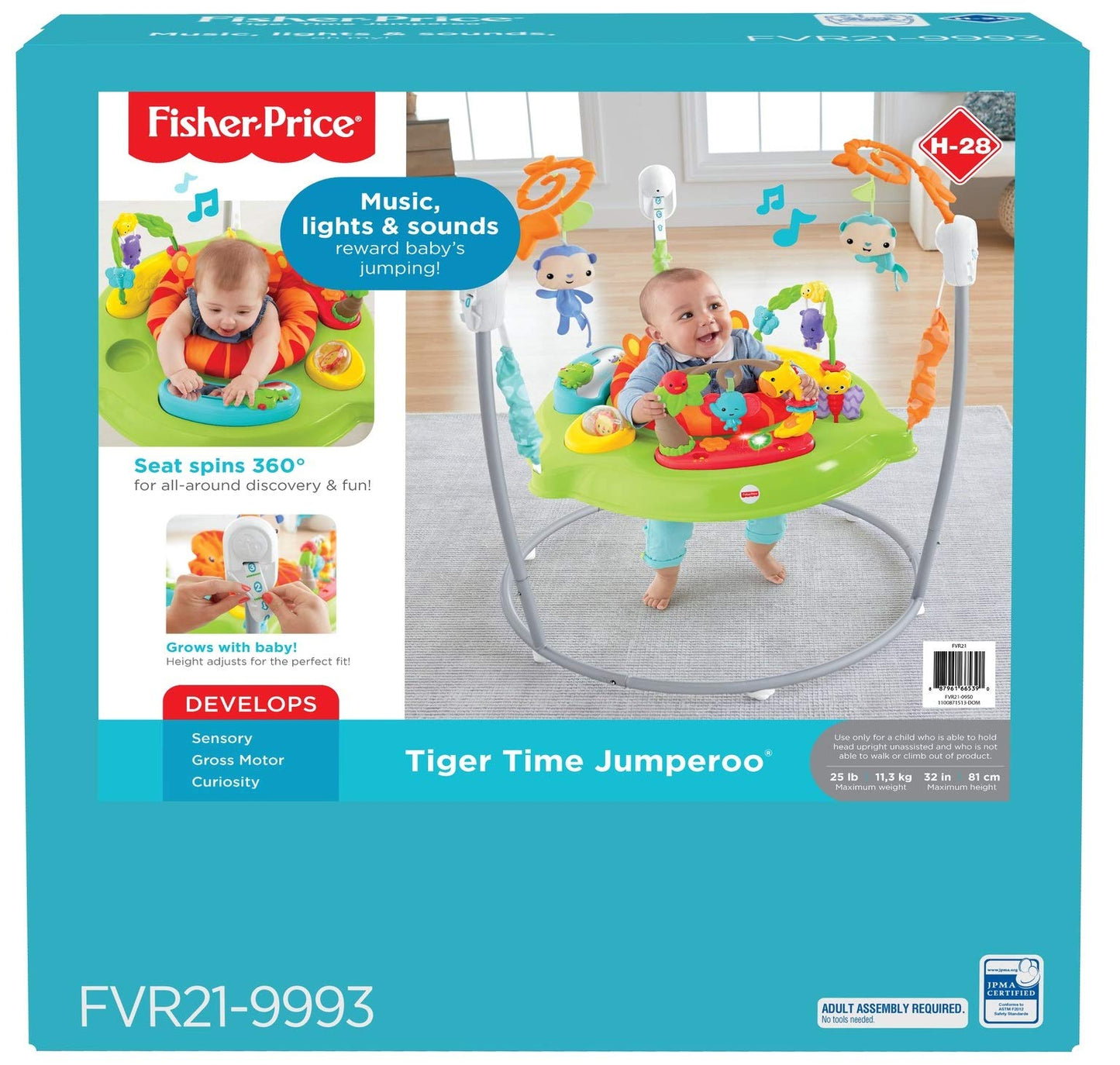 Fisher-Price Baby Bouncer Tiger Time Jumperoo Musical Activity Center with Lights Sounds & Developmental Toys