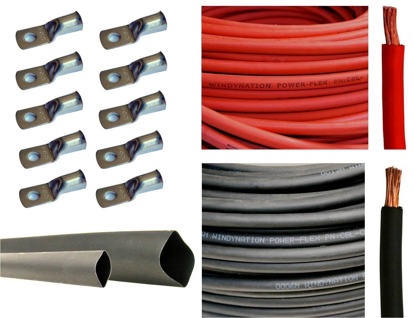 2 Gauge 2 AWG 10 Feet Red + 10 Feet Black Welding Battery Pure Copper Flexible Cable + 10pcs of 3/8" Tinned Copper Cable Lug Terminal Connectors + 3 Feet Black Heat Shrink Tubing