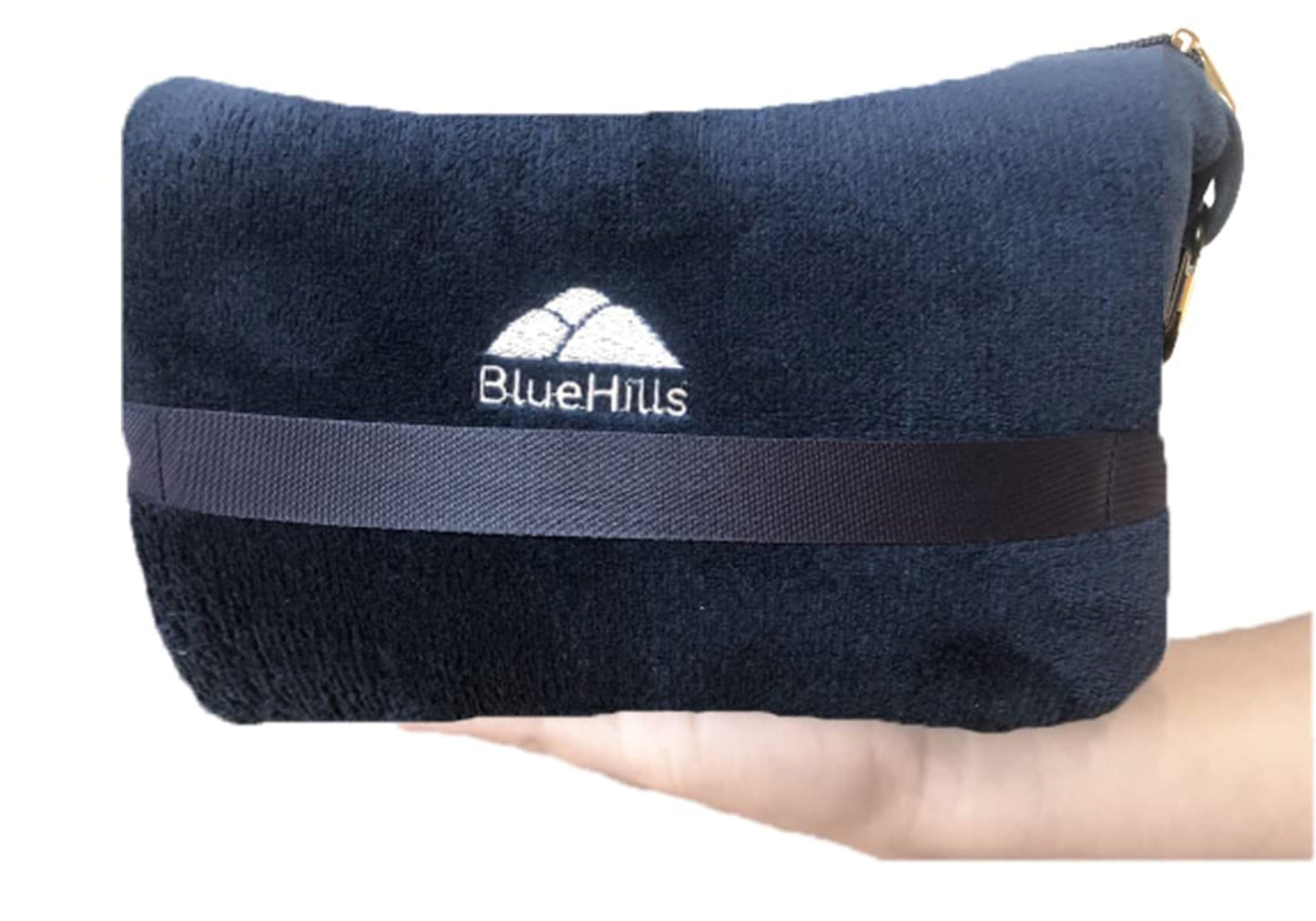 BlueHills Premium Soft Travel Blanket Pillow in Mini Soft Case Plush Airplane Blanket Compact Pack with Luggage Belt and Backpack Clip Long Flights Essentials Navy Blue M04