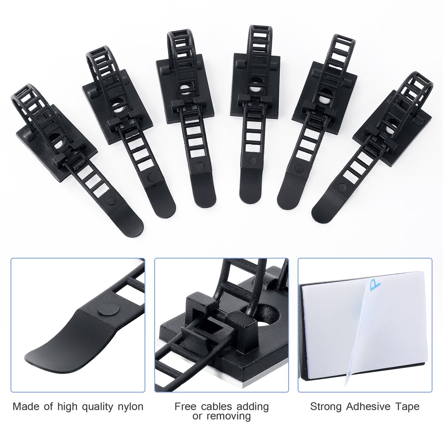 100PCS Adhesive Cable Ties Cable Clips, Self-adhesive Nylon Cable Straps, Adhesive Cable Management Clips for Wire Management (Black-Adhesive Cable Ties)