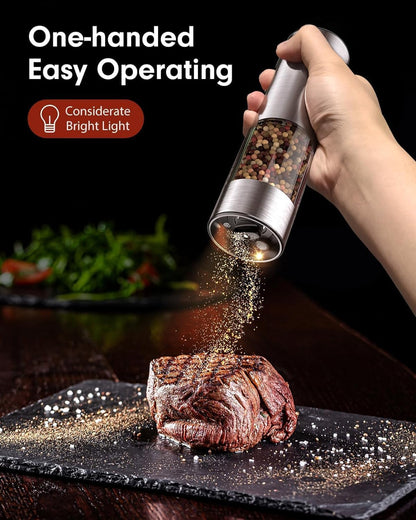 TOMEEM Electric Salt and Pepper Grinder Set, USB Rechargeable Salt and Pepper Grinder Set| Made of Stainless Steel | Adjustable Ceramic Grinder | LED Light