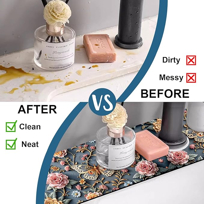 Gold Butterfly Kitchen Sink Splash Guard Faucet Mat Pink Floral Super Absorbent