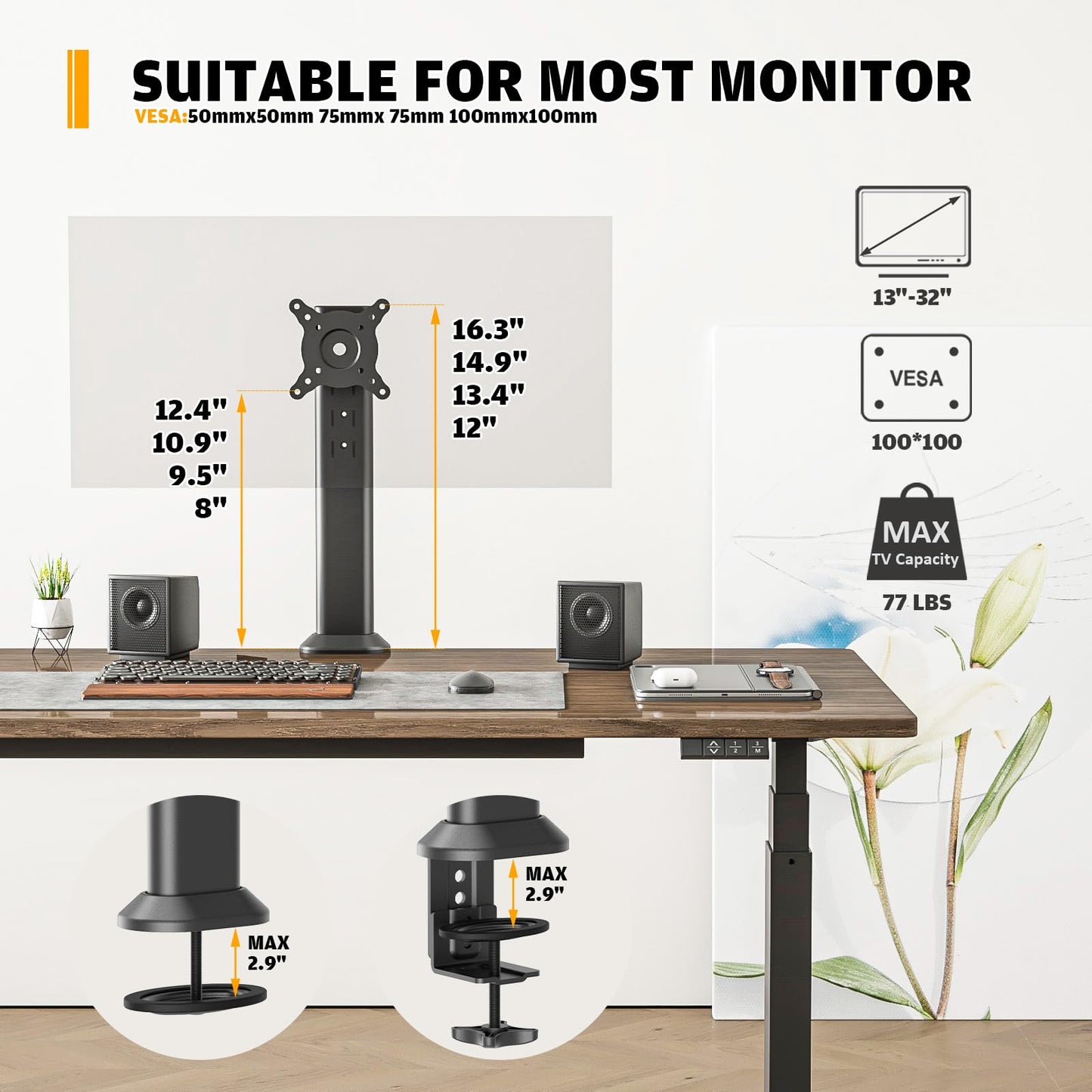HEMUDU Single Desk Monitor Arm Mount Stand Fit for 13 inch to 32 inch Flat Curved Computer Screen with Swivel, Height Adjustable, Rotation,Holds up to 77lbs, Black