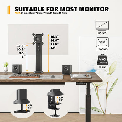 HEMUDU Single Desk Monitor Arm Mount Stand Fit for 13 inch to 32 inch Flat Curved Computer Screen with Swivel, Height Adjustable, Rotation,Holds up to 77lbs, Black