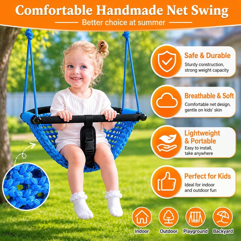 Kids Swing Seats Indoor Hand-Made Net Swing with Adjustable Rope Tree Swings for Kid Child Backyard Playground Swings Outside Indoor