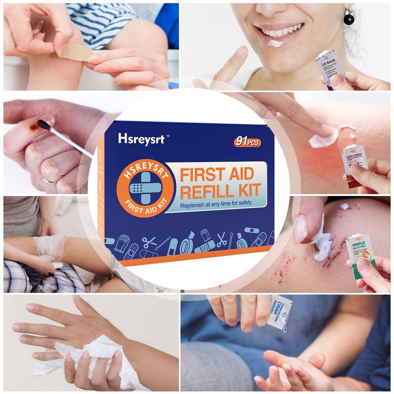 Hsreysrt-First Aid Refill Kit for Home, Car & Travel, Wound Care Supplies with Scissors, Tweezers, Assorted Bandages & Adhesive Bandages