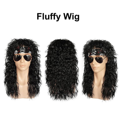 7 Pcs Rocker Costume Men's Wigs Black Curls Disco Costume Men's Party Costume Men with Wigs Sunglasses Beards Sleeves Gloves Headscarves for 70s 80s 90s, Medium