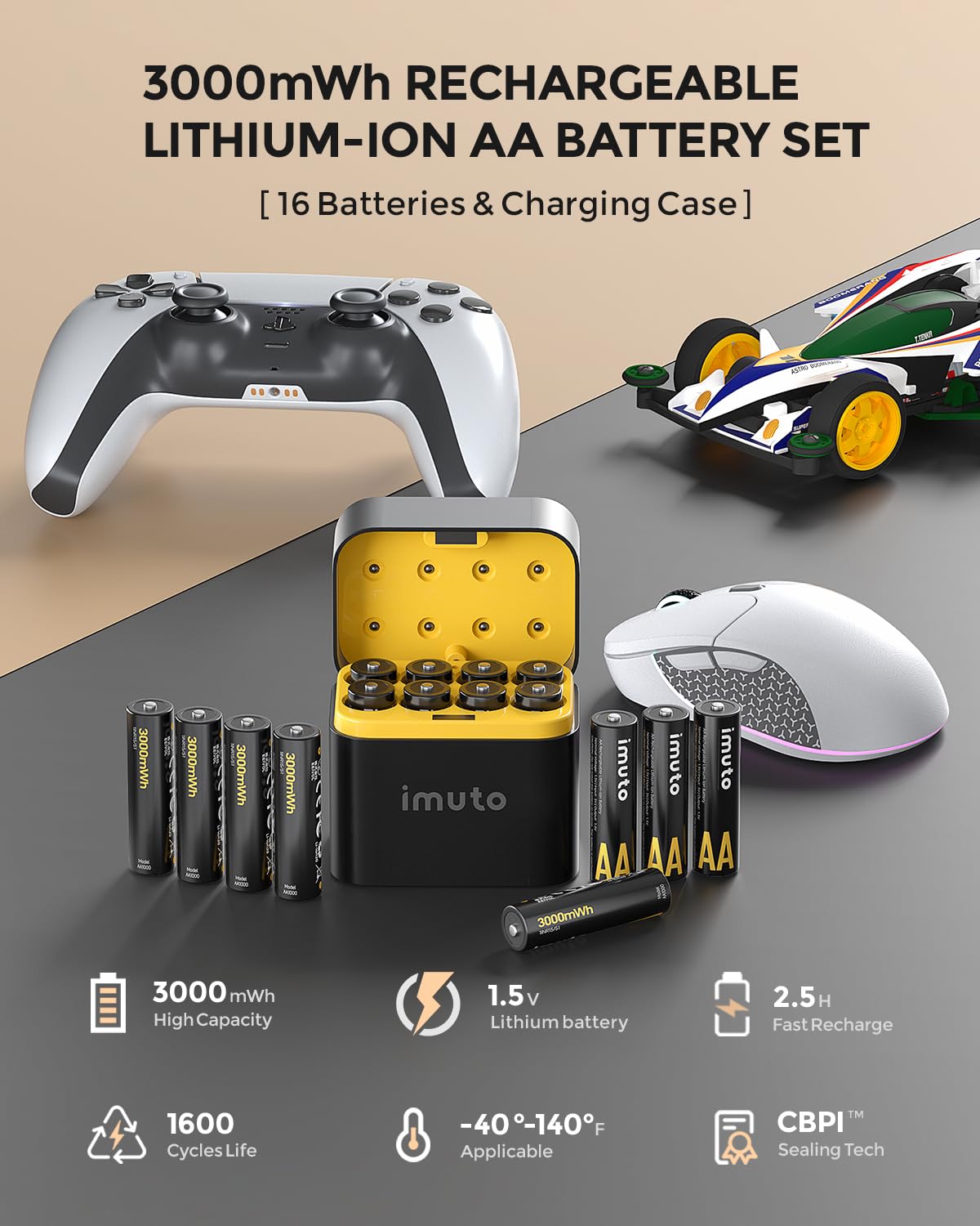 imuto Rechargeable aa Batteries with Charger, 3000mWh aa Lithium Batteries 16 Pack, 8 Slot Storage Box Style Lithium Battery Charger, 1.5V 2A Output, 1600+ Cycle Life, 2.5H Fast Charging