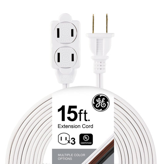 GE 15 Ft Extension Cord, 3 Outlet Power Strip, 2 Prong, 16 Gauge, Twist-to-Close Safety Outlet Covers, Indoor Rated, Perfect for Home, Office or Kitchen, UL Listed, White, 51962