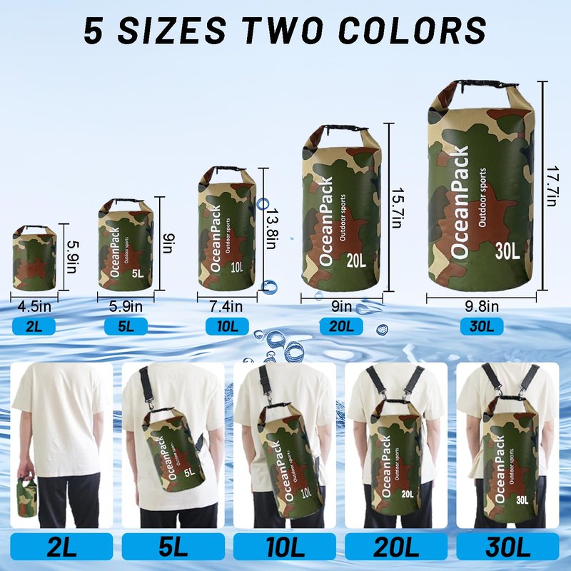 Cekikibi Waterproof Dry Bag 30L, Dry Sack for Kayaking Rafting Boating Beach Surfing Swimming, Camping, Hiking, Beach, Fishing Green Backpack with Waterproof Phone Case