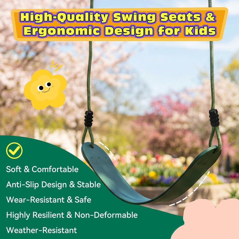 HeyZoo Heavy Duty Kids Swing Seat with 79" Adjustable Rope, 330 lbs Capacity Swing Set Accessories Replacement with 2 Carabiners and 2 Extra Hanging Straps, Outdoor Playground Gifts, Green 1 Pack