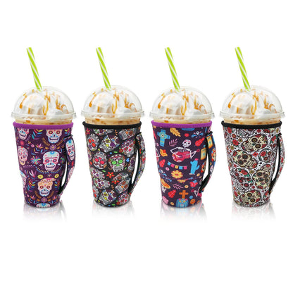 4Pack Reusable Iced Coffee Sleeve Insulator Sleeves for Cold Drinks Beverages, Neoprene Cup Holder for Most Coffee, Fits 30-32oz Large Cups (Sugar Skull with handle)