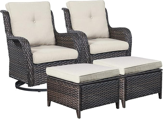 Rilyson Wicker Patio Furniture Set - 4 Piece Rattan Outdoor Sectional Conversation Sets with 2 Swivel Rocking Chairs,2 Ottomans for Porch Deck Garden(Brown/Beige)