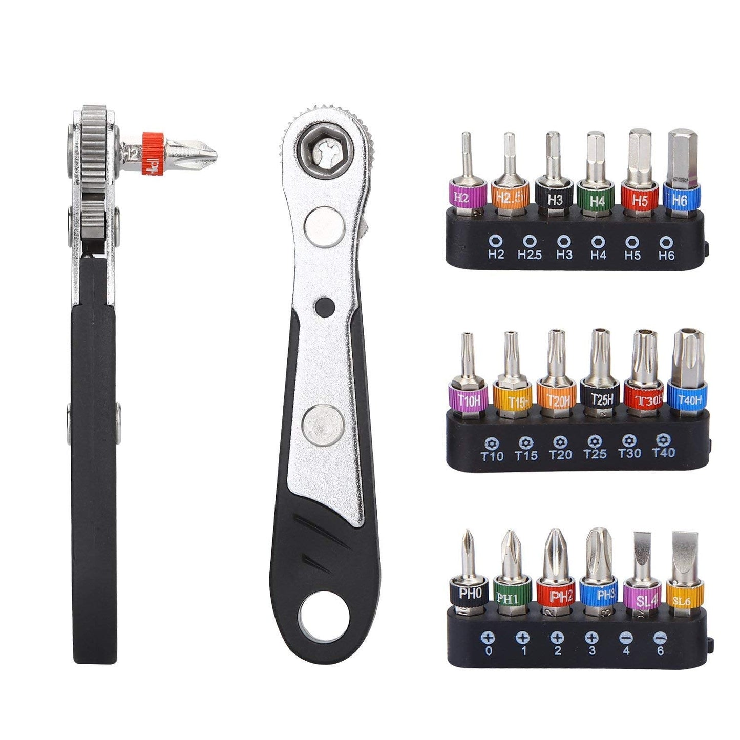 DerBlue 19pcs S2 Micro Ratchet Wrench Screwdriver Bit Set with Phillips,Slotted,Hexagon and Torx 1/4" Drive Size,Reversible Drive Handle and Multi Bits Set