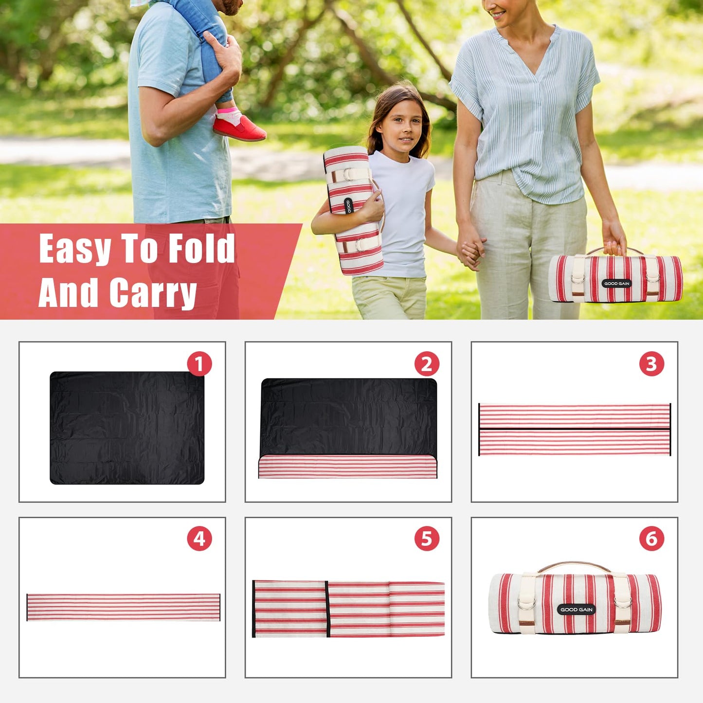 G GOOD GAIN Picnic Blankets Waterproof - Extra Large Outdoor Blanket Sand Free Foldable with Carry Strap for Beach, Camping, Park Grass, Hiking, Travel, Concerts, Indoor(Apple)