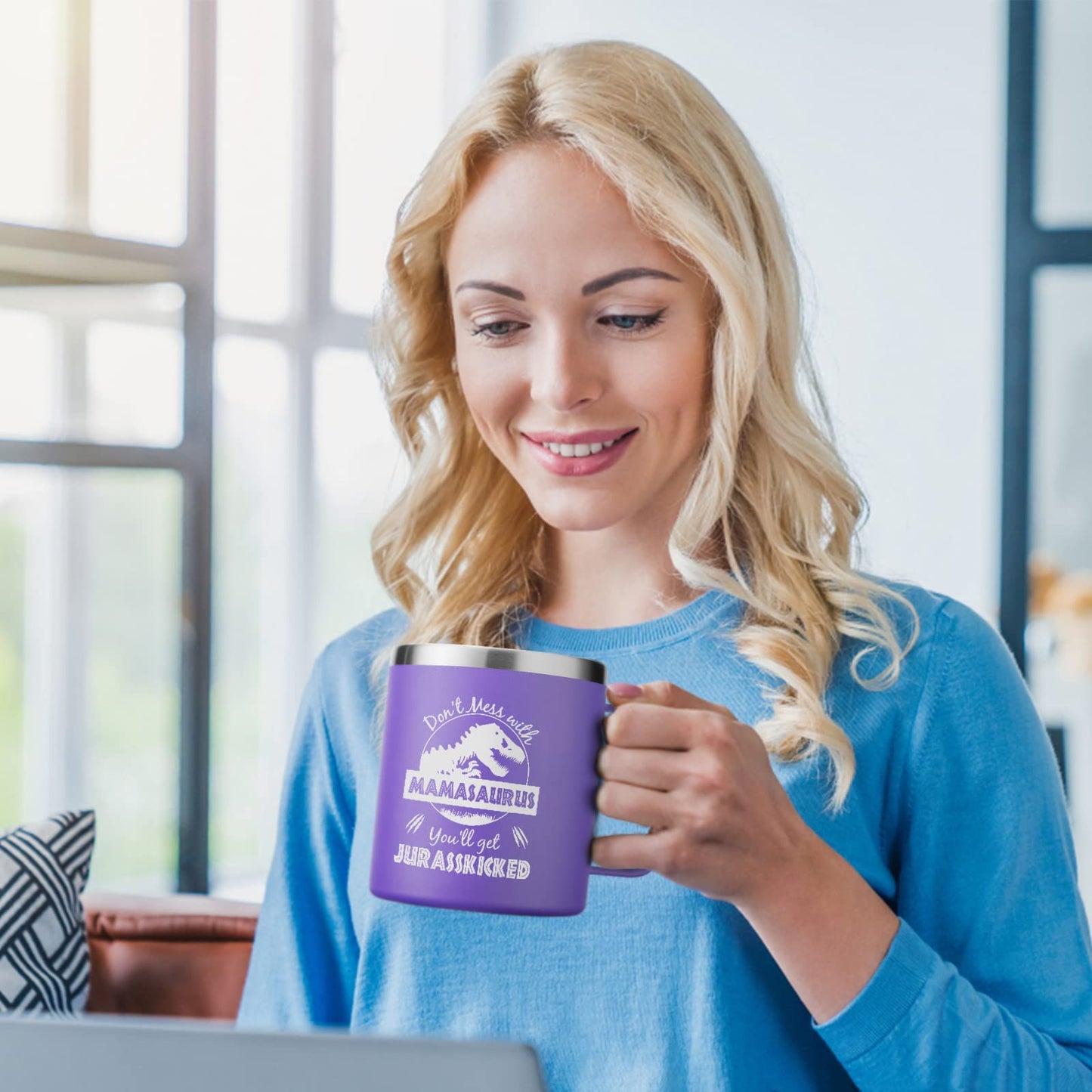 NOWWISH Funny Christmas Gifts for Mom, Mamasaurus Mug 14oz with Lid, Keeps Coffee/Wine Hot Cold, Unique Stocking Stuffer for Wife from Husband/Kids
