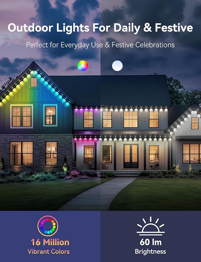 Permanent Outdoor Lights for House, RGB+IC IP67 Waterproof Smart Eave Lights 100ft with 50 LED, Eternity Lighting for Holiday Daily Decor, Work with Remote, APP